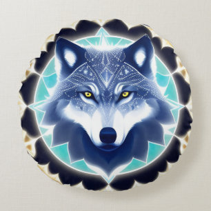 Wolf Portrait with Intense Golden Eyes Round Pillow