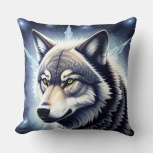 Wolf Portrait with Intense Golden Eyes Throw Pillow