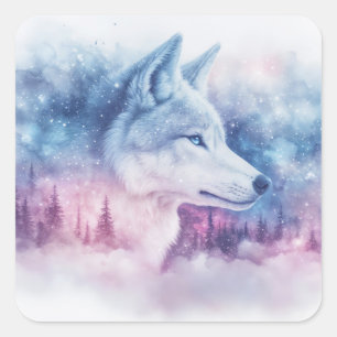 Wolf Portrait with Pink and Purple Nebula Square Sticker