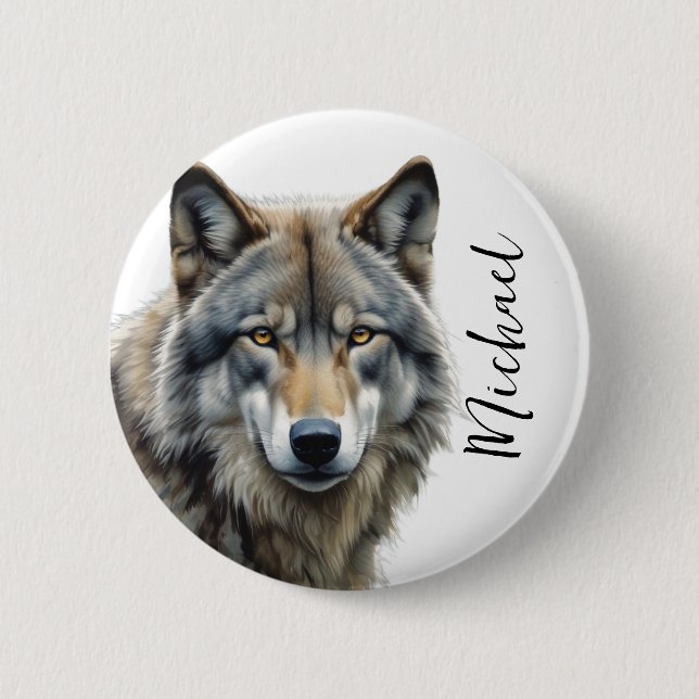 Wolf Portrait Your Name Custom Handwriting 2 Inch Round Button (Front)