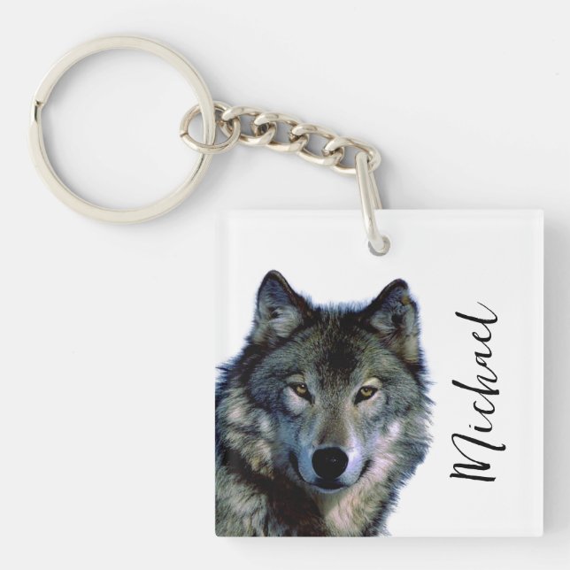 Wolf Portrait Your Name Custom Handwriting Keychain (Front)