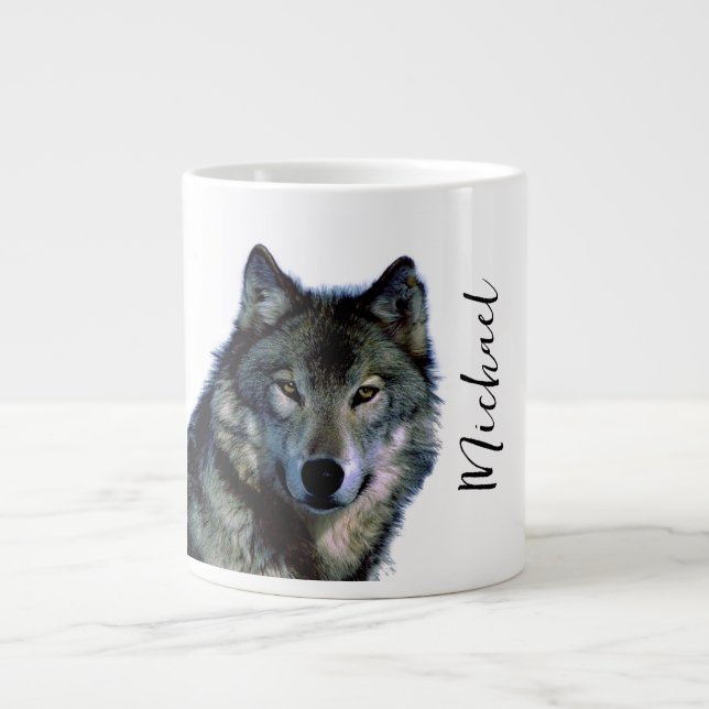 Wolf Portrait Your Name Custom Handwriting Large Coffee Mug (Front)