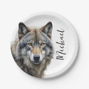 Wolf Portrait Your Name Custom Handwriting Paper Plate