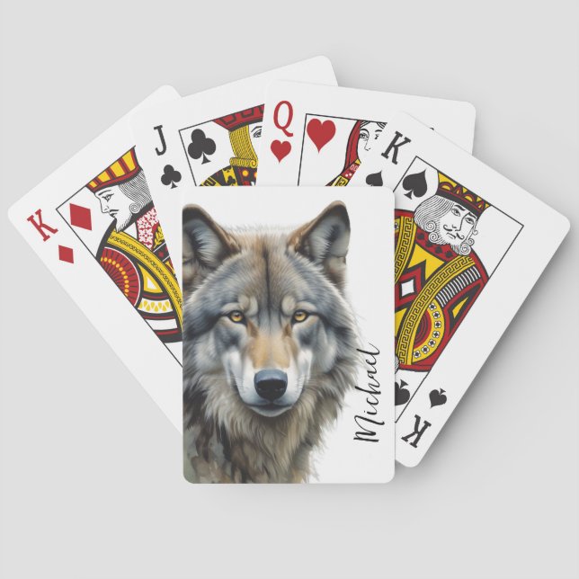 Wolf Portrait Your Name Custom Handwriting Playing Cards (Back)