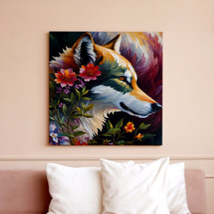 Wolf Profile Floral Portrait Art Canvas Print