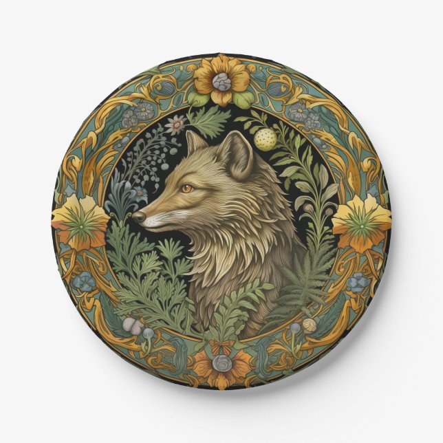 Wolf profile in vintage style paper plate (Front)
