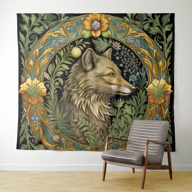 Wolf profile in vintage style tapestry (In Situ (Horizontal))