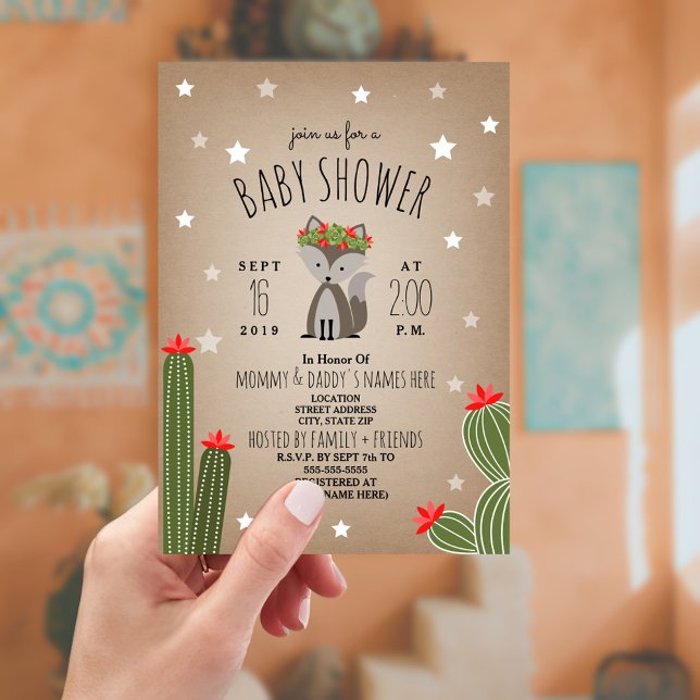 Wolf Pup Desert Stars Cactus Girl Baby Shower Invitation (Creator Uploaded)