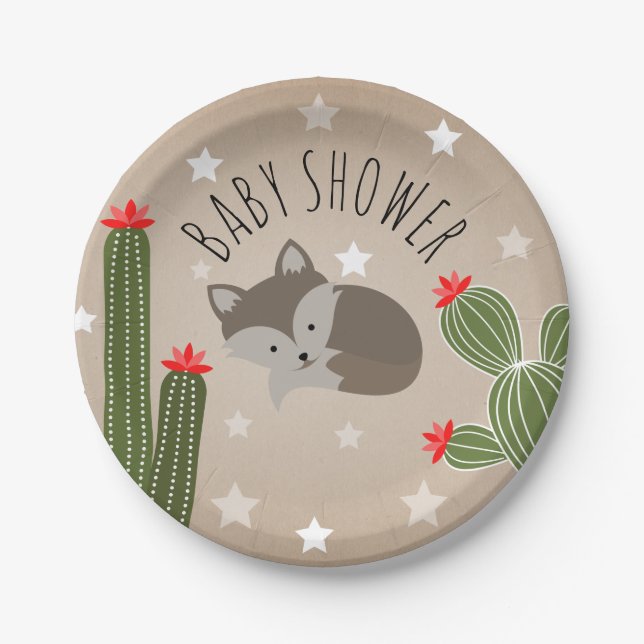 Wolf Pup Floral Succulent Cactus Baby Shower Paper Plate (Front)