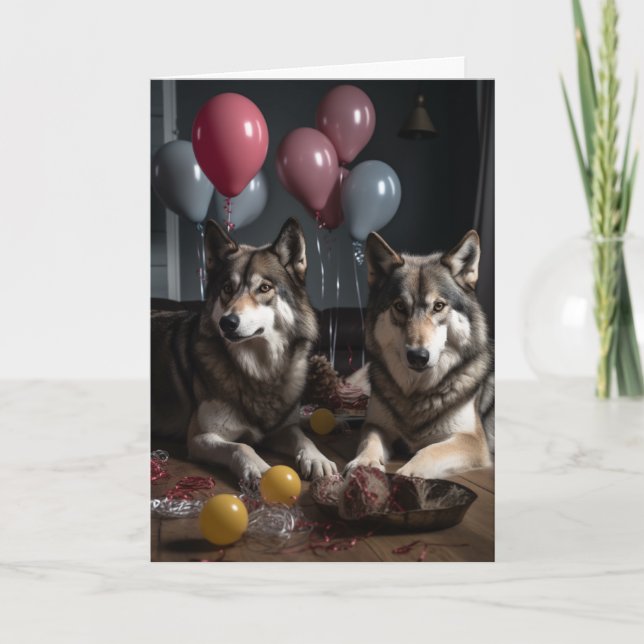Wolf Realistic With Balloons Birthday  Card (Front)