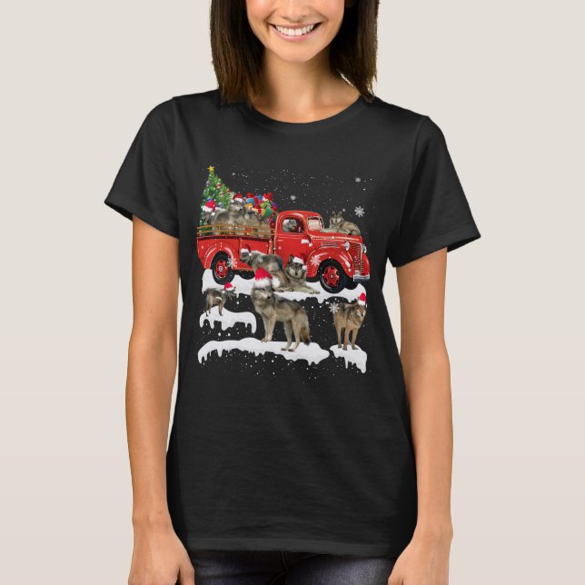 Wolf Riding Red Truck Merry Christmas X-mas Ugly G T-Shirt (Front)
