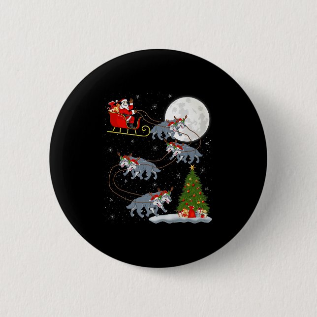 Wolf Santa Sleigh Flying Funny Magical Christmas P 2 Inch Round Button (Front)