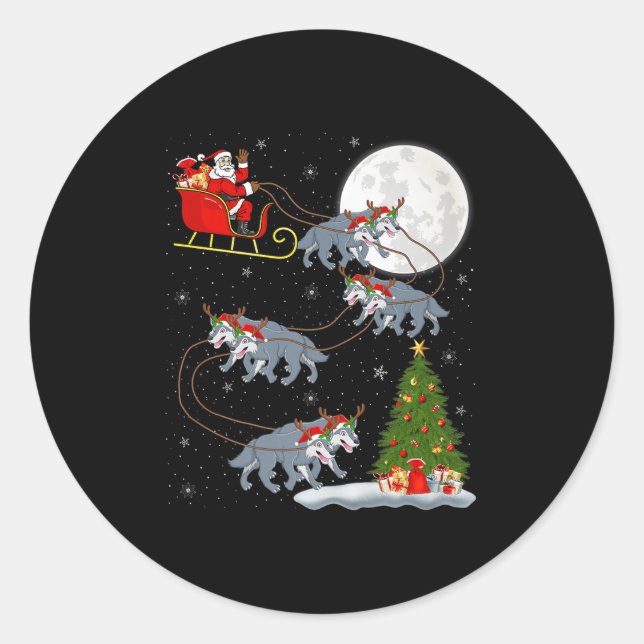 Wolf Santa Sleigh Flying Funny Magical Christmas P Classic Round Sticker (Front)