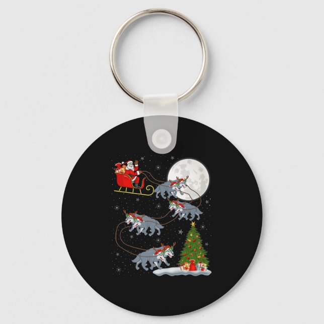 Wolf Santa Sleigh Flying Funny Magical Christmas P Keychain (Front)