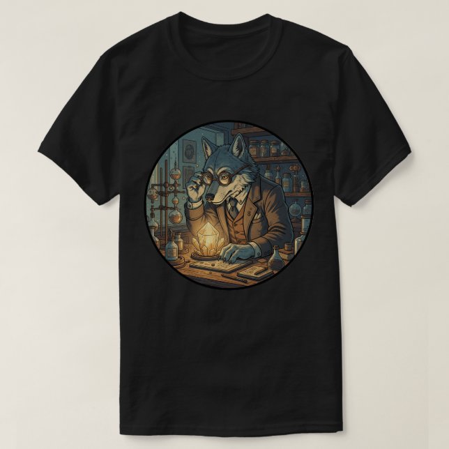 Wolf Scientist - Vintage Alchemist Lab Research T-Shirt (Design Front)