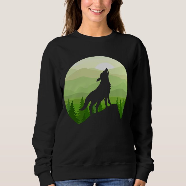 Wolf Silhouette Forest & Mountain Scene Sweatshirt (Front)