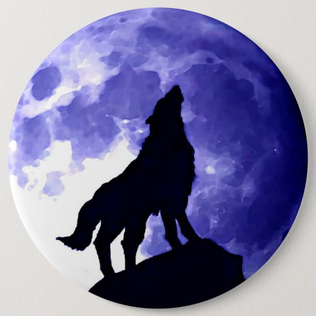 Wolf Silhouette & Full Moon 6 Inch Round Button (Front)