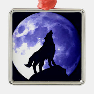 Wolf Silhouette & Full Moon Metal Ornament