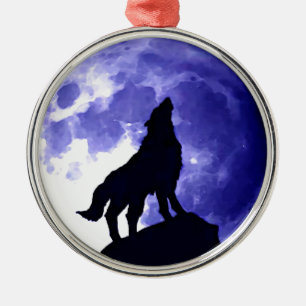 Wolf Silhouette & Full Moon Metal Ornament