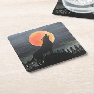 Wolf Silhouette Painting by Alfred Fox Square Paper Coaster