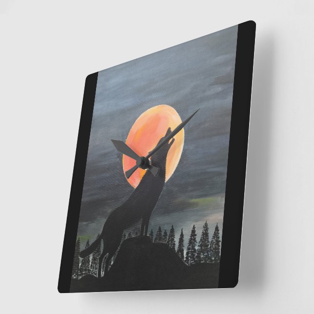 Wolf Silhouette Painting by Alfred Fox Square Wall Clock (Angle)