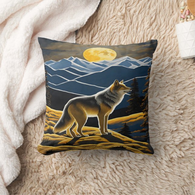 Wolf Silhouetted Under a Full Moon in Mountains Throw Pillow (Blanket)