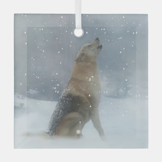 Wolf Snow Holiday Christmas Wildlife Glass Ornament (Front)