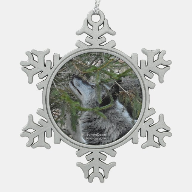 Wolf Snowflake Pewter Christmas Ornament (Front)