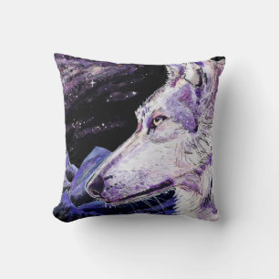 Wolf Space Mountains Forest Painting Throw Pillow