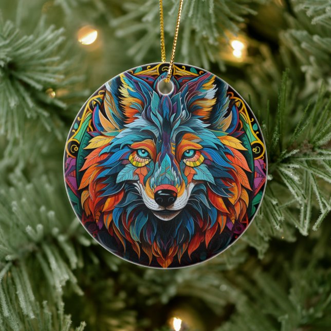 Wolf Stained Glass Ceramic Tree Decoration (Tree)