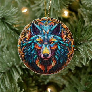 Wolf Stained Glass Ceramic Tree Decoration