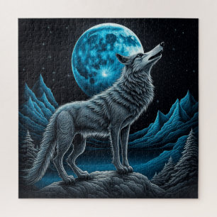 Wolf Standing in Front of the Full Moon   AI art Jigsaw Puzzle