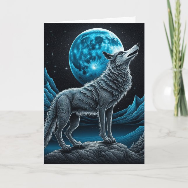 Wolf Standing in Front of the Full Moon Birthday Card (Front)