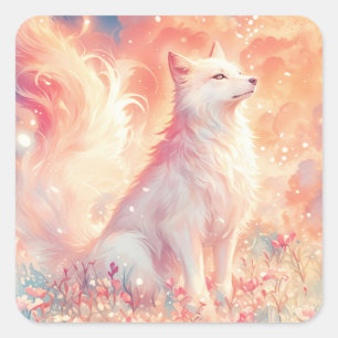 Wolf Standing in Radiant Wildflower Meadow Night Square Sticker