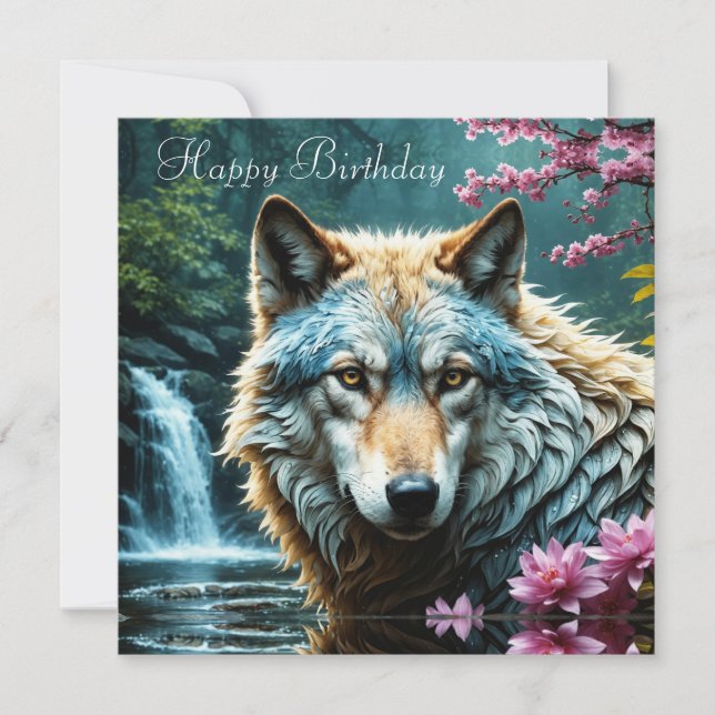 Wolf Standing in river with flowers Birthday (Front)