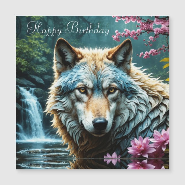 Wolf Standing in river with flowers Birthday (Front)