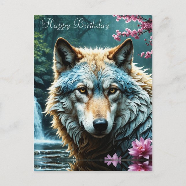 Wolf Standing in river with flowers Birthday Postcard (Front)