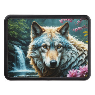 Wolf Standing in river with flowers Trailer Hitch Cover