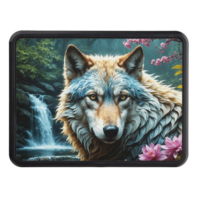 Wolf Standing in river with flowers Trailer Hitch Cover (Front)