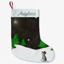 Wolf Stargazing on Snowy Winter Night Watercolor