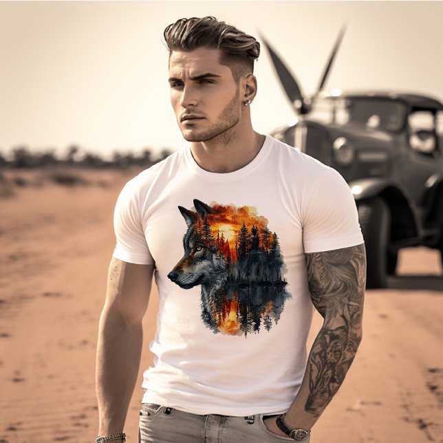 Wolf & Sunset Forest Double Exposure T-Shirt (Creator Uploaded)