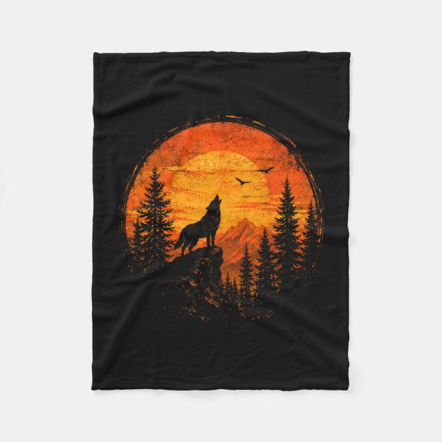 Wolf sunset mountain forest wilderness nature fleece blanket (Front)