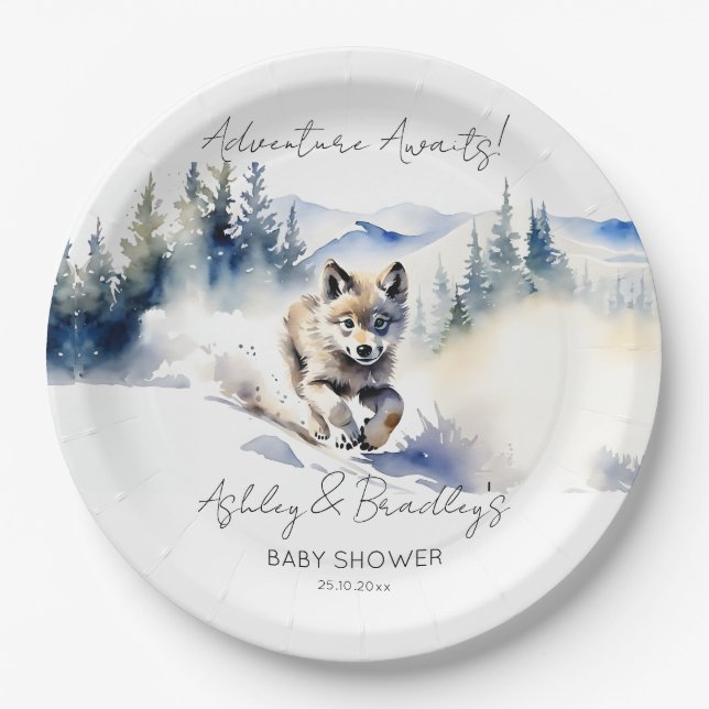 Wolf themed adventure awaits baby shower paper plate (Front)