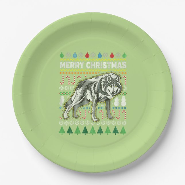 Wolf Ugly Christmas Sweater Wildlife Series Paper Plate (Front)