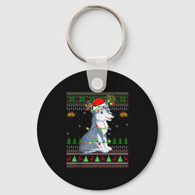 Wolf Ugly Christmas Sweaters Holiday Santa Cute Xm Keychain (Front)