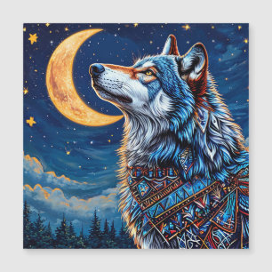 Wolf Under the Crescent Moon at Night