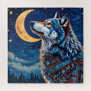 Wolf Under the Crescent Moon at Night Jigsaw Puzzle