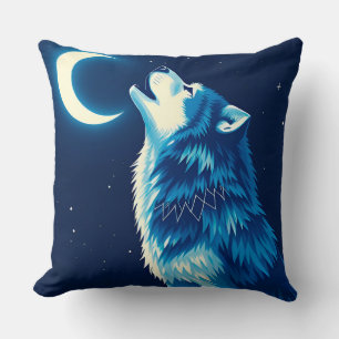 Wolf Under the Crescent Moon at Night Throw Pillow