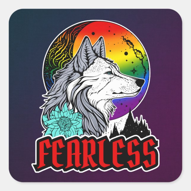 Wolf Under The Moon in Rainbow Flag Colours Square Sticker (Front)