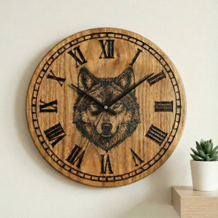Wolf Wall Clock - Wooden Style with Roman Numerals